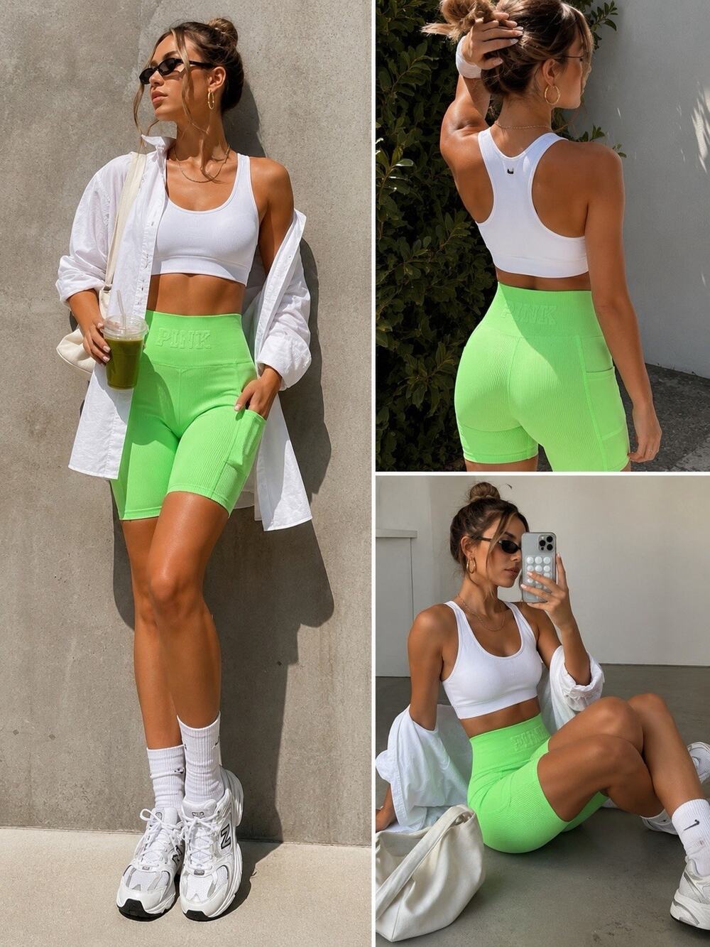 Victoria’s Secret PINK Neon Green Ribbed Biker Shorts Athleisure Y2K Gymcore S